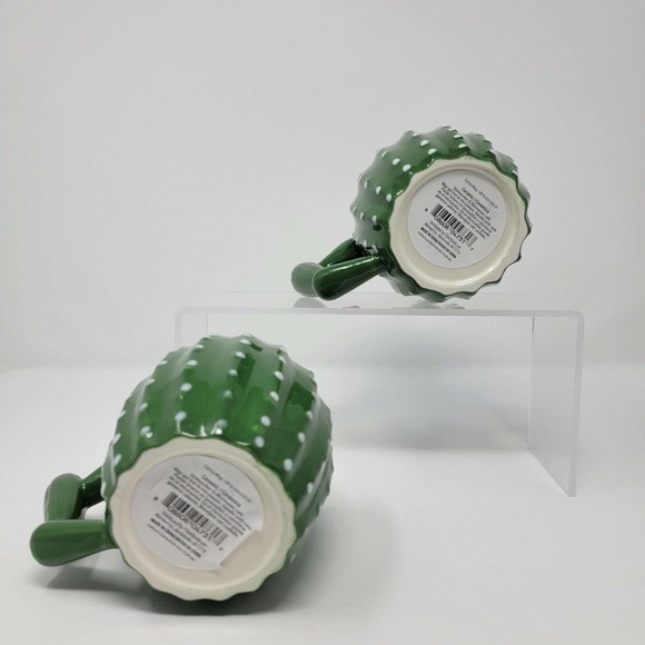 Cactus Ceramic Mugs Green White Red Flower Set of 2 - Picture 4 of 12